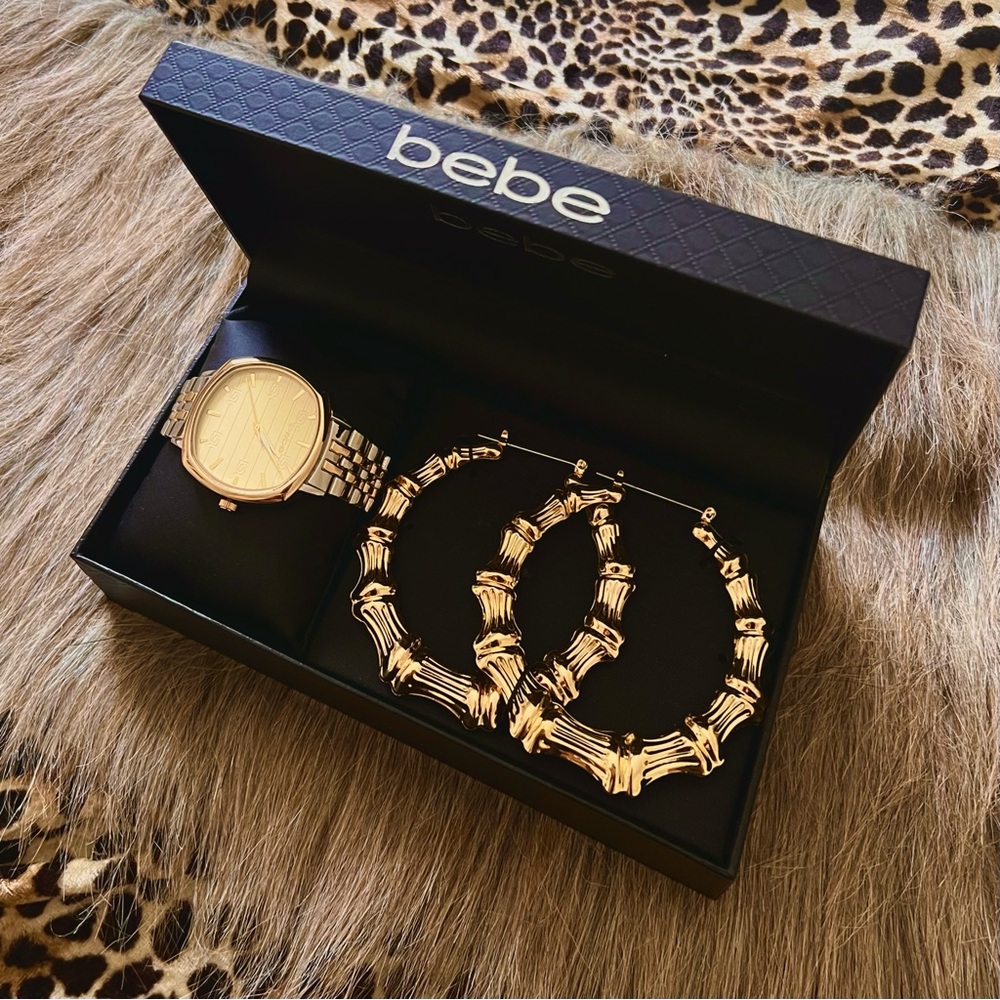 BEBE [RARE] Analog Gold and Silver Watch set with Gold Hoop Earrings  ⋆ NWOT ⋆